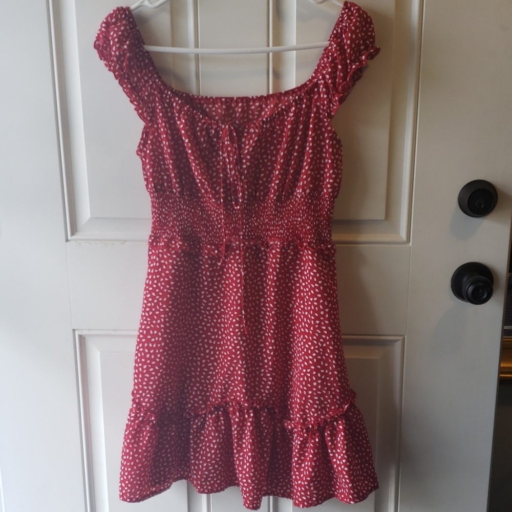 Red with white seed peasent dress with side zip.